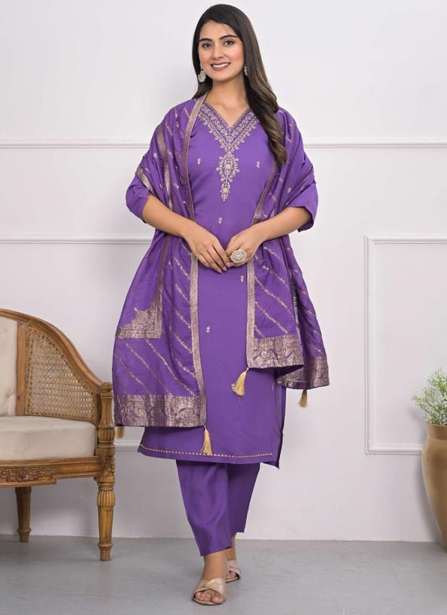 Viscose Silk Purple Festival Wear Embroidery Work Readymade Kurti Set